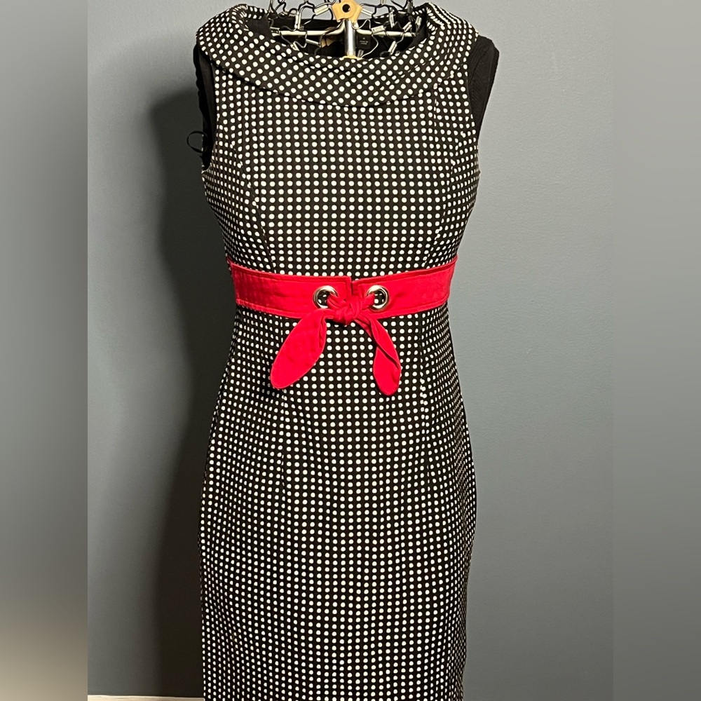 Kim Rogers sophisticated polkadot dress with red belt 8P